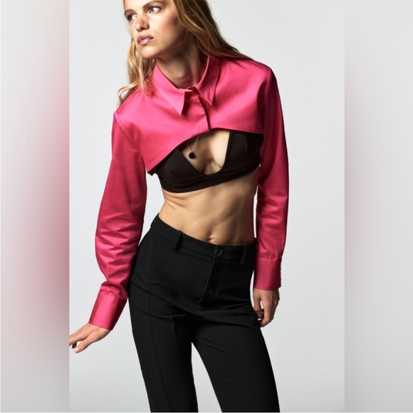 NWT ZARA Cropped‎ Poplin Shirt Pink Fuchsia Blogger's Favorite - Picture 1 of 8